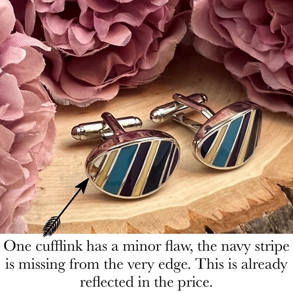 Oval Navy, Blue, Silver and Yellow Stripe Cufflinks - Picture 16 of 16